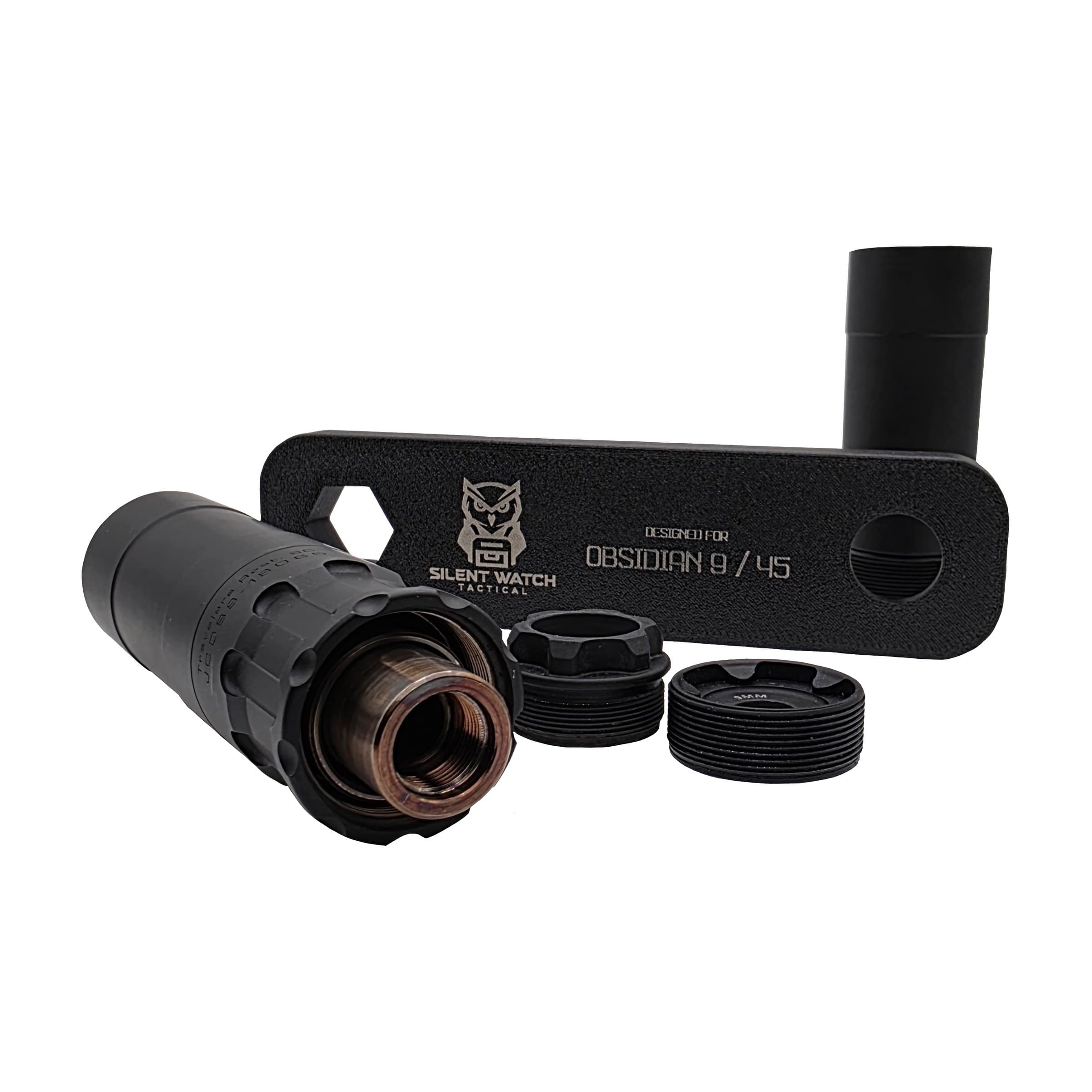 4-in-1 suppressor wrench, three-quarter view with suppressor