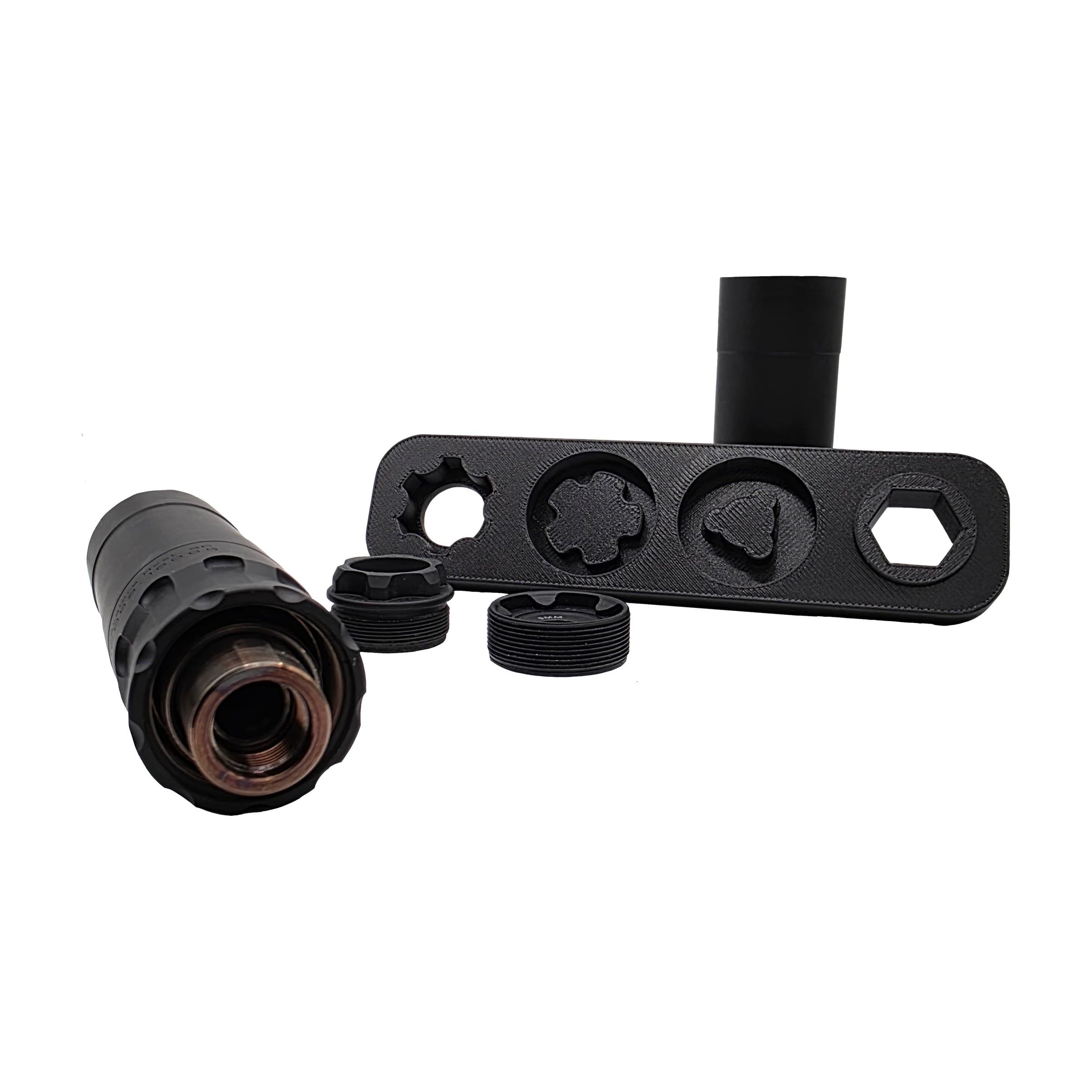 4-in-1 suppressor wrench, four socket profiles with components
