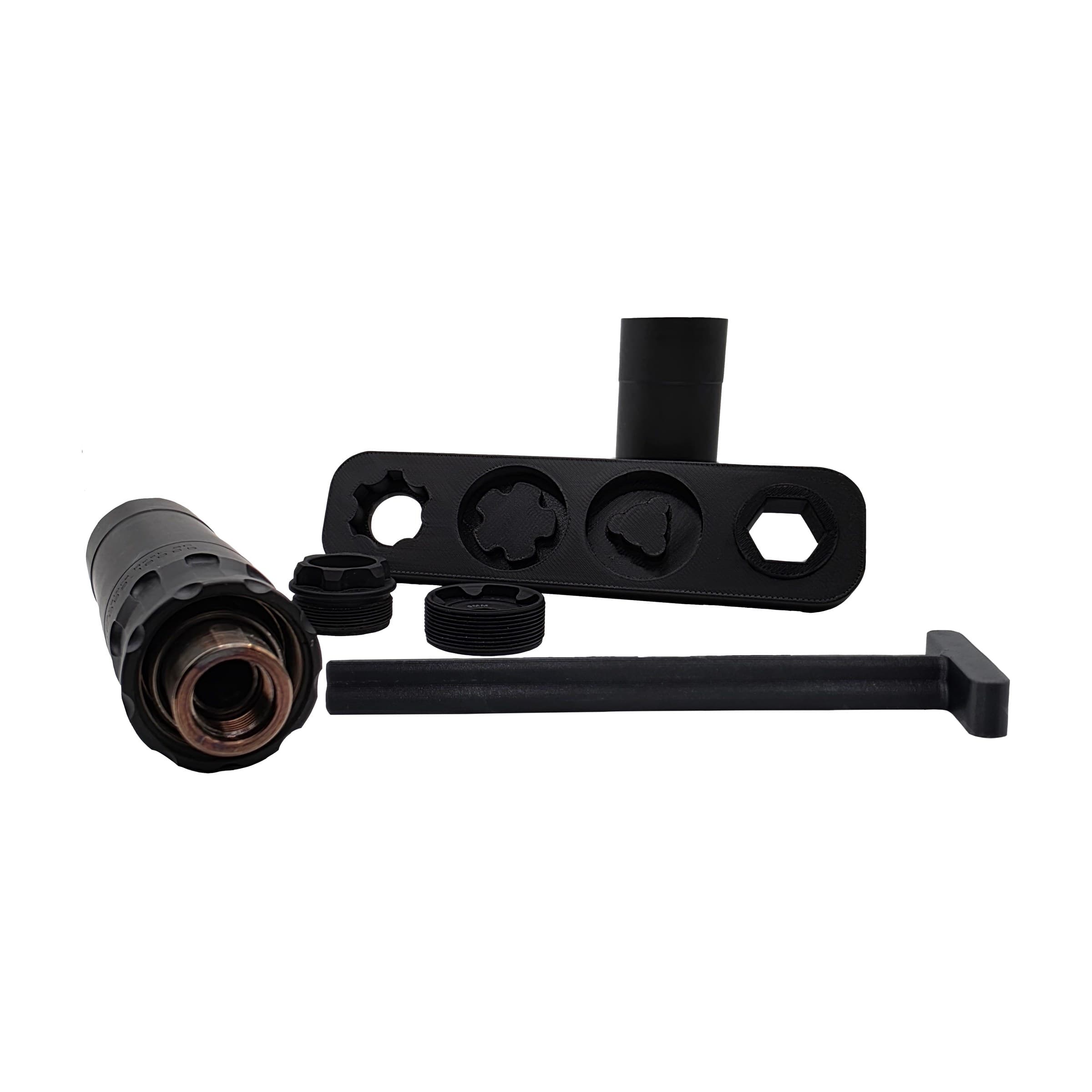 Four-in-one suppressor wrench with T-handle baffle straightener, shown with a Rugged Obsidian and its end caps (view 2)
