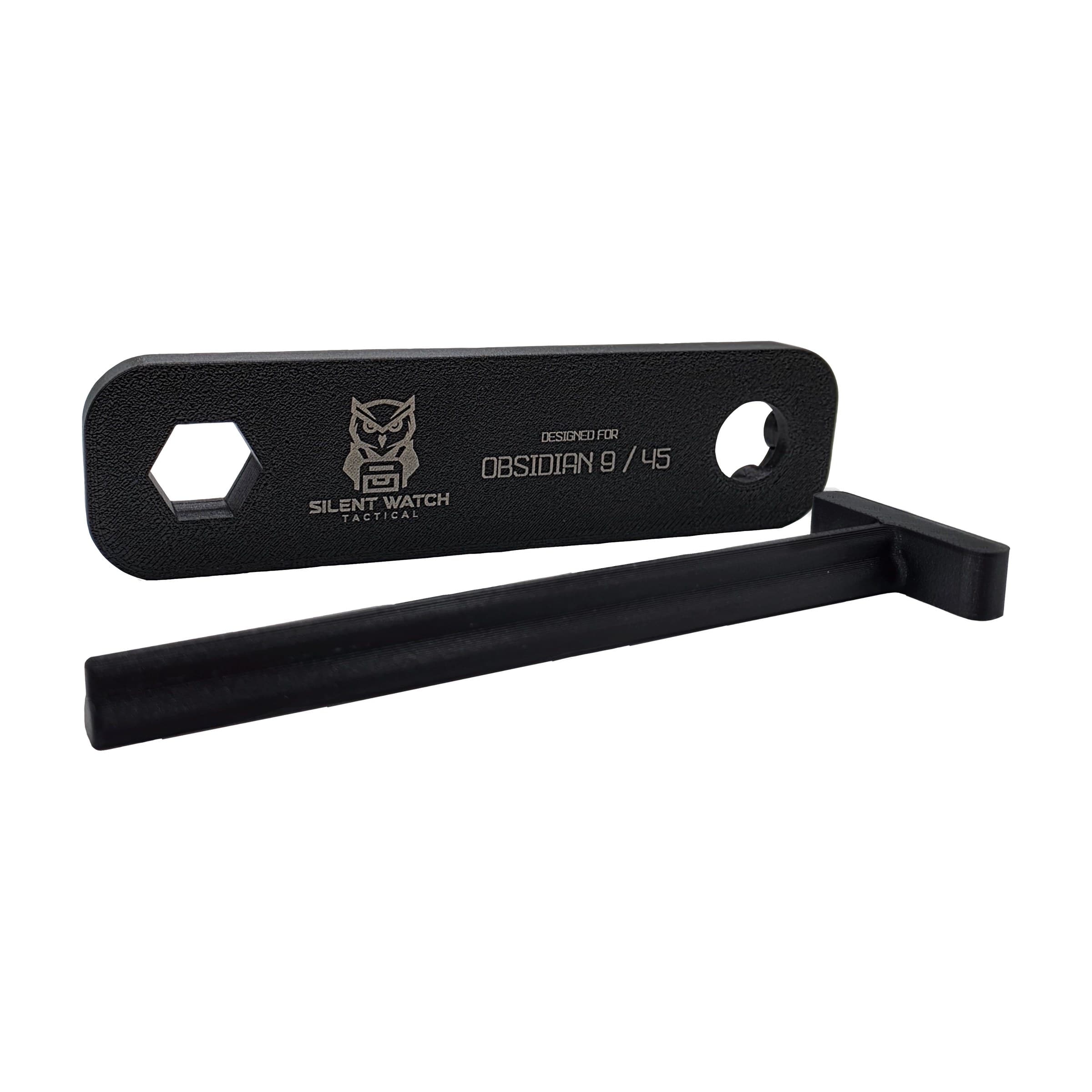 Four-in-one suppressor wrench with T-handle baffle straightener, engraved face showing the Obsidian 9/45 marking